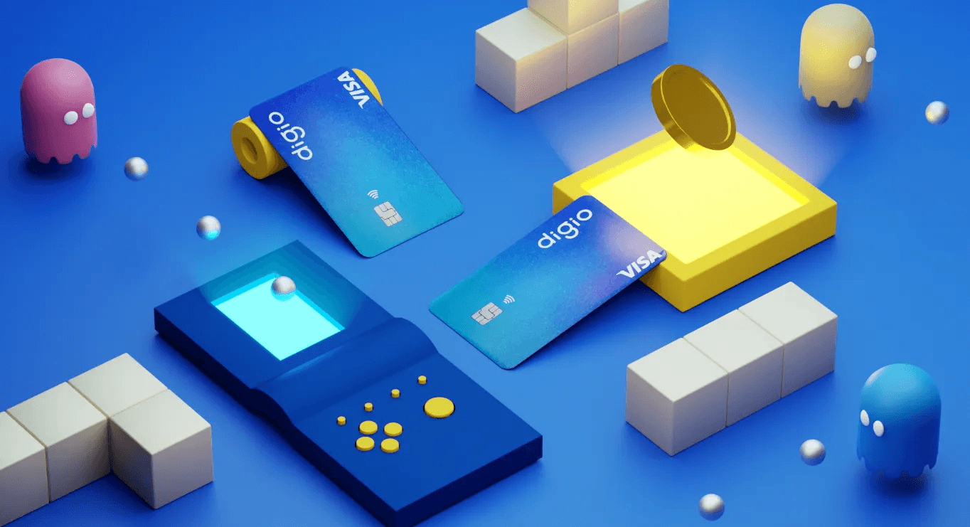 Blue payment cards in an isometric scene