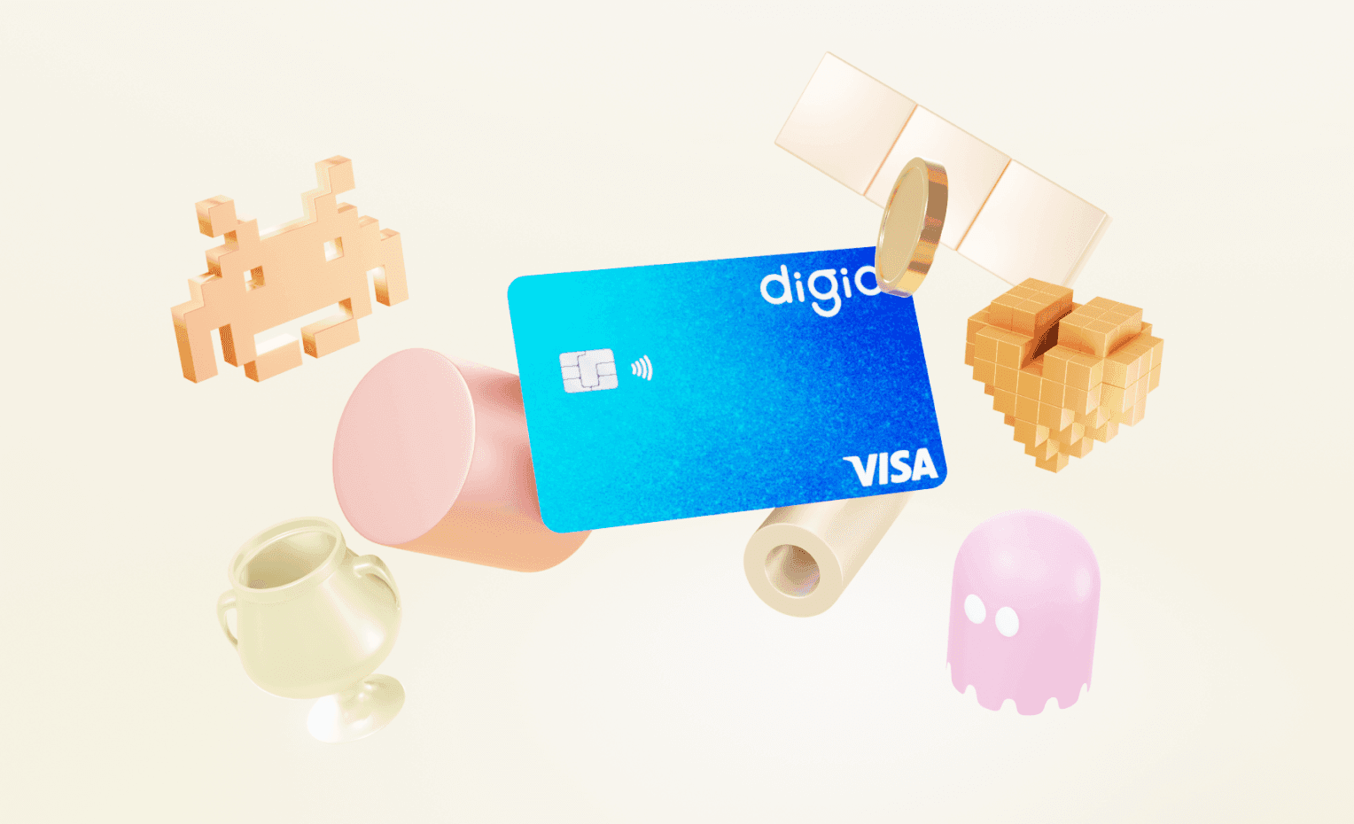 Payment card surrounded by pixel-art objects