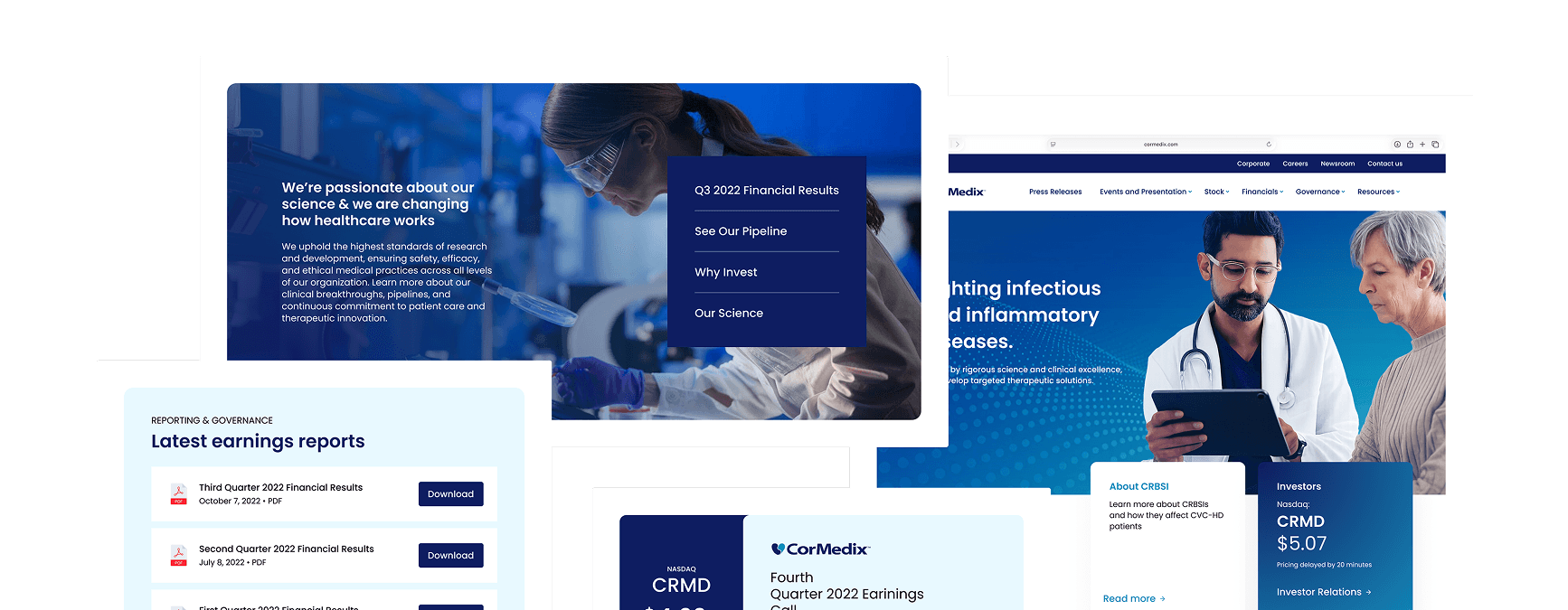 Biotech investor relations website shown in dark and light interfaces