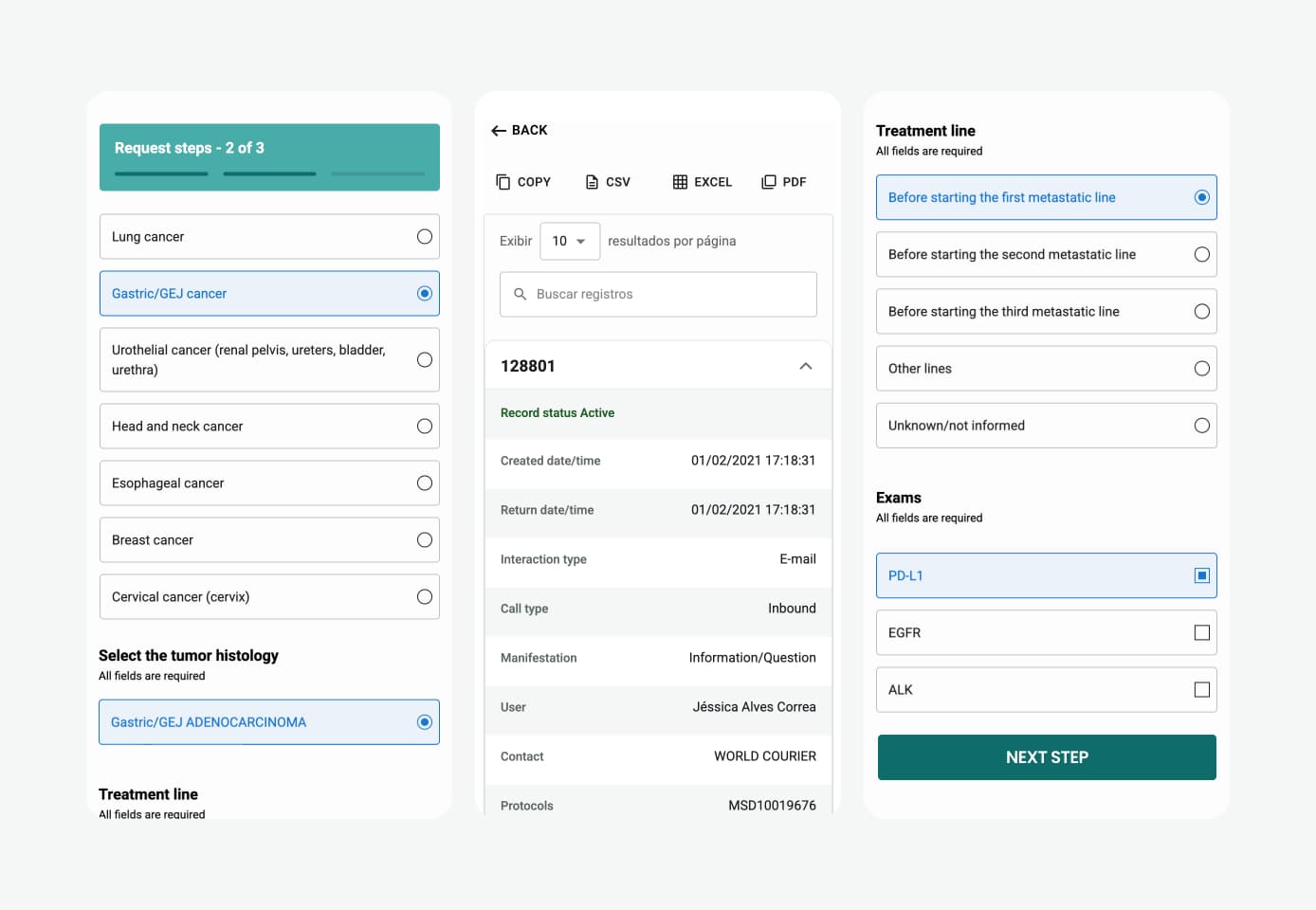 Three mobile screens of the shipped system: form fields in their active and inactive states, selectors, and the record viewer.