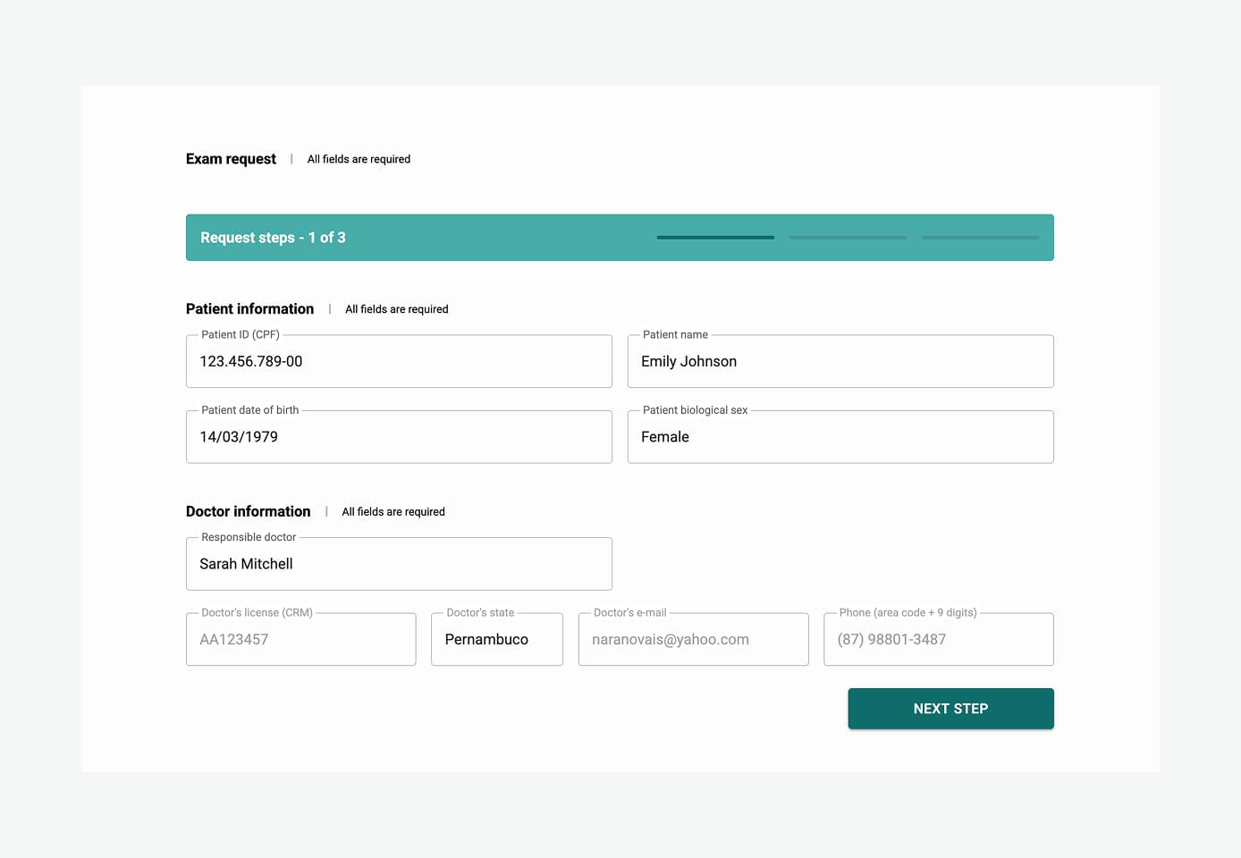 Desktop view of step 1 of the redesigned exam-request form.