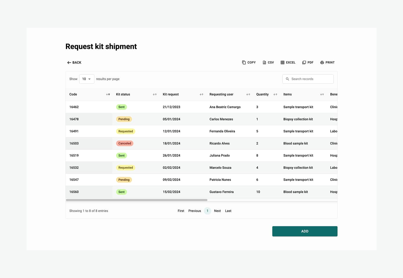 The exam-request table, listing each request against its status: sent, pending, cancelled, requested.