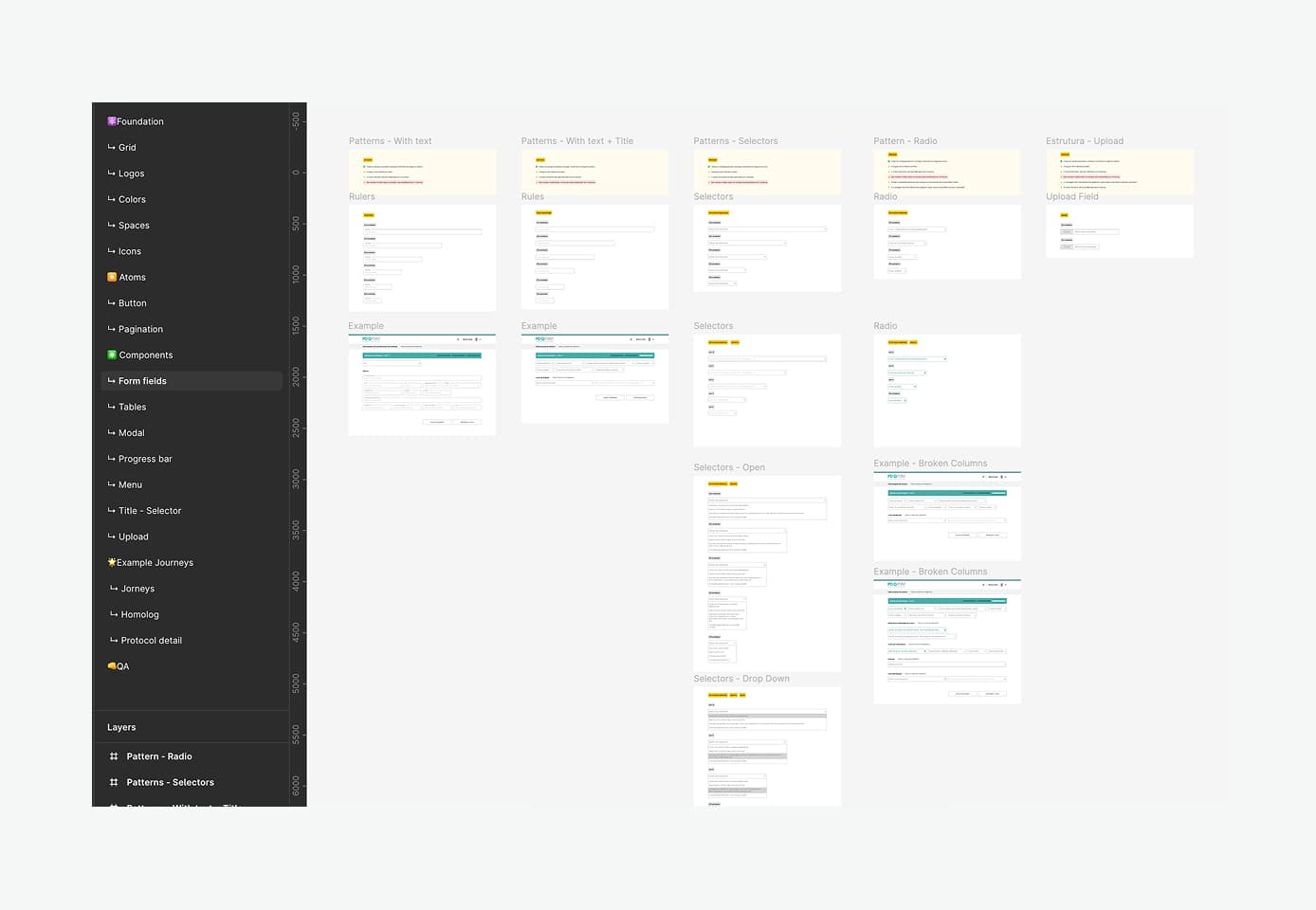 Figma documentation: the file's page list on the left, and on the right the project's field patterns documented with examples.